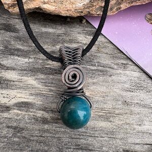 Men’s Blue Apatite Necklace Wire Wrapped - Oxidized